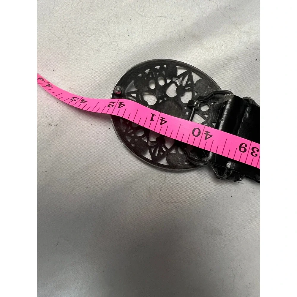 Black Braided Faux Leather Belt 10 Round Filigree Rhinestone Buckle Boho Western